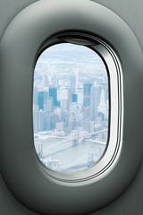 3D rendering of an airplane window looking out the Brooklyn Bridge and Manhattan, New York City