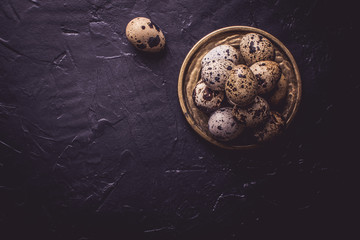 Colorful Quail Eggs on Dark Stone Background