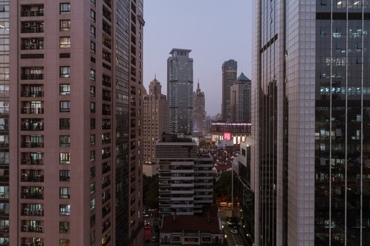 Aerial view of business area and cityscape in the dusk, West Nanjing Road, Jing` an district, Shanghai