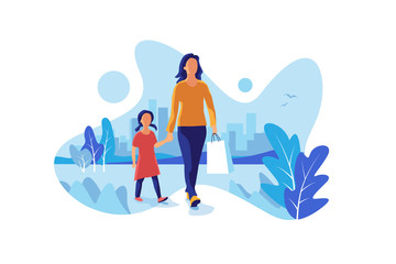 Happy mother and daughter shopping in the city. Mum and child kid walking with shopping gift bag in the town park garden with skyline in the background. Cartoon fluid shape urban vector illustration.