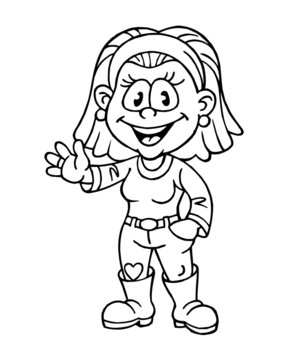 woman farmer in jeans with heart and rubber boots waving for greeting, black and white drawing