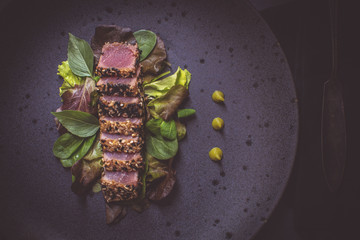 Grilled Tuna Steak with Salad and Wasabi Sauce