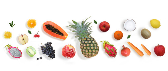 Creative layout made of fruits. Flat lay. papaya, pineapple, lemon, orange, kiwi,coconut,dragon fruit,grape, Pomegranate, on the white background.
