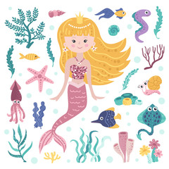 Set of cute mermaid, seaweeds and marine inhabitants