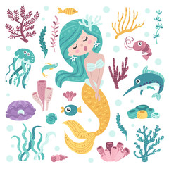 Set of cute mermaid, seaweeds and marine inhabitants