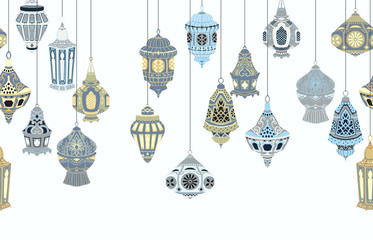 Seamless border with hanging Arabic lanterns. Collection of traditional oriental lamps with national floral ornament. Isolated objects on white background. Vector illustration