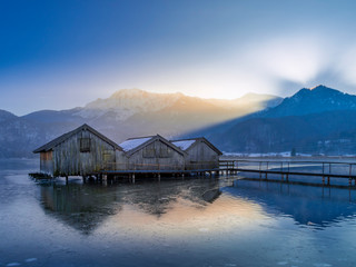 Boathouses on the Kochelsee, Bavaria, Germany