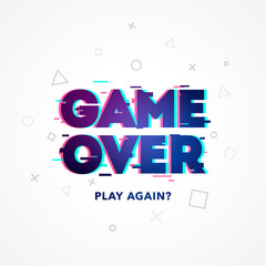 Vector Illustration Word Game Over, Play Again In Glitch And Noise Design Style