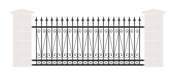 Iron fence with spearheads and wall. On white background