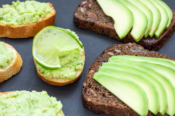 Bruschetta sandwich background. Healthy bread with avocado on black. Eco, bio, organic breakfast concept.