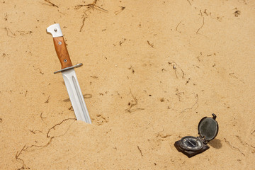 Hunter knife with wooden handle stuck in the sand