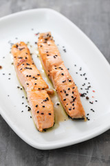 grilled salmon with black sesame on white dish