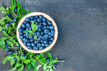 Freshly harvested forest berries in a wooden bowl on a dark background