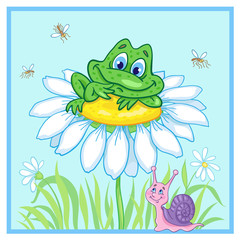Fototapeta premium A funny card with a cute little frog sitting on the big chamomile and a pink snail. Blue background. Vector illustration.