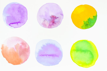 Row of hand painted watercolor circles for design isolated on white