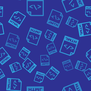 Blue HTML file document icon. Download html button icon isolated seamless pattern on blue background. HTML file symbol. Markup language symbol. Vector Illustration