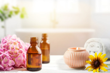 Aromatherapy oils in bathroom, massage, natural medicine, home spa