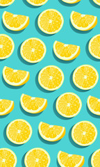 Lemon fruits slice seamless pattern on green blue background. citrus fruits vector illustration.