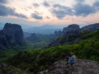 Photo of the panoramic view of the meteora valley at sunset