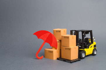 Yellow Forklift truck near carton boxes with a pattern of shopping carts and umbrella. insurance,...