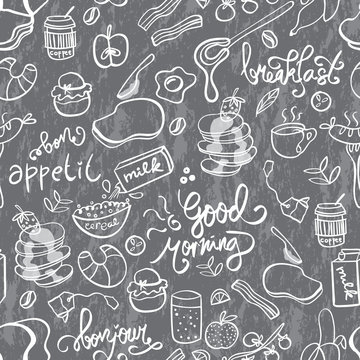 Seamless pattern with breakfast meal and lettering on chalkboard. Vector illustration. Design for kitchen, cafe, restaurant or bakery shop.