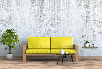 interior living room wall concrete with sofa, plant, decoration, 3D render