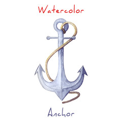 Watercolor illustration of anchor. blue Anchor with rope. Watercolor anchor isolated on white backdrop