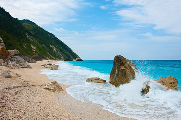 Beautiful blue sea. Kavalikefta beach. Love sea. Lefkada Island, Greece.