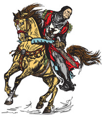 Fototapeta na wymiar Medieval knight riding his horse in the gallop. Graphic style isolated vector illustration 