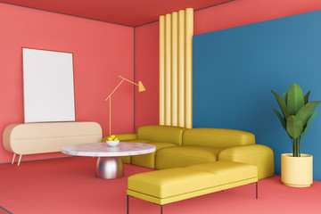 Pink and blue living room corner with poster