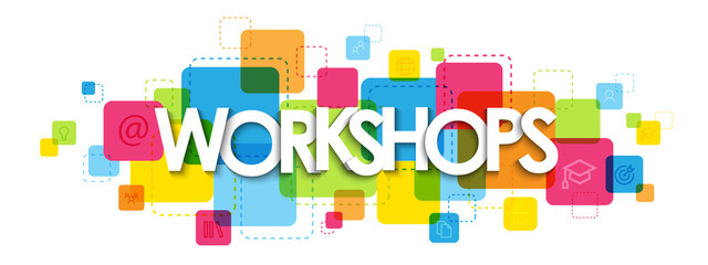 WORKSHOPS typography banner on colorful squares background