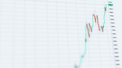 Bitcoin price rise on a candlestick chart. Crypto asset bull run to 9000 dollars in bullish uptrend. Blockchain, cryptocurrency adoption, e-commerce and finance in stock market concept 3D illustration