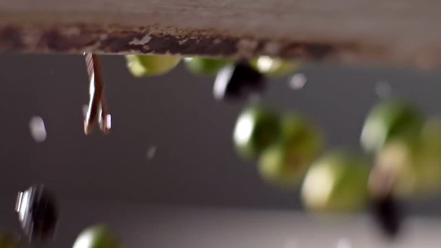washed olives fall into the crusher. Olive Oil mill- slow motion