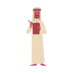 Arab or muslim businessman makes note at tablet flat vector illustration isolated.