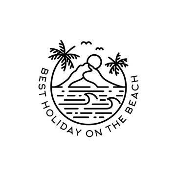 Beach with palm tree and mountain badge logo design with text