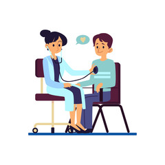 A doctor examines the heart of her patient man at the healthcare, clinic flat vector illustration isolated.