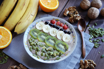 raw food porridge made of green buckwheat and flaxseeds