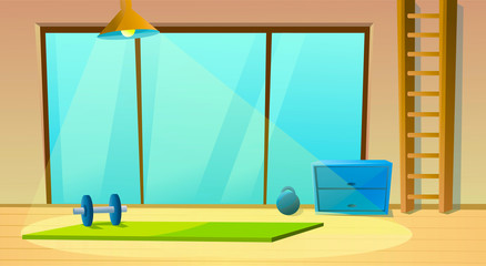 Fitness room for yoga window and dumbbells. Meditation. Sport interior . Healthy gymnastic. Vector
