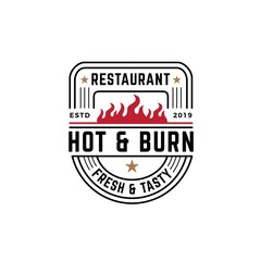 Classic shield emblem restaurant logo design with fire illustration