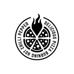 Monochrome circle pizza logo with flame and text around