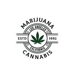 Circle seal with cannabis leaf line art logo design