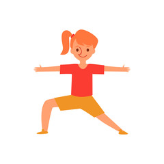 Little ginger girl in yoga pose, cartoon child in warrior position stretching arms and legs