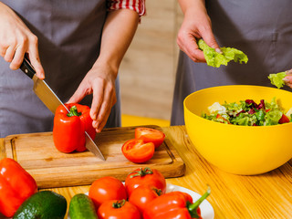 Healthy diet. Cropped shot of women cooking together, preparing salad with organic vegetables. Lady cutting red bell pepper.