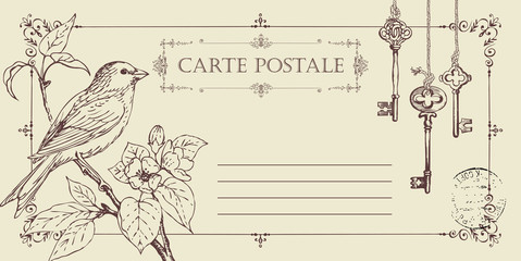 Vector greeting card or retro postcard with little hand-drawn bird on branch of flowering tree. Romantic vector card in vintage style with place for text and postmark in frame with curls © paseven