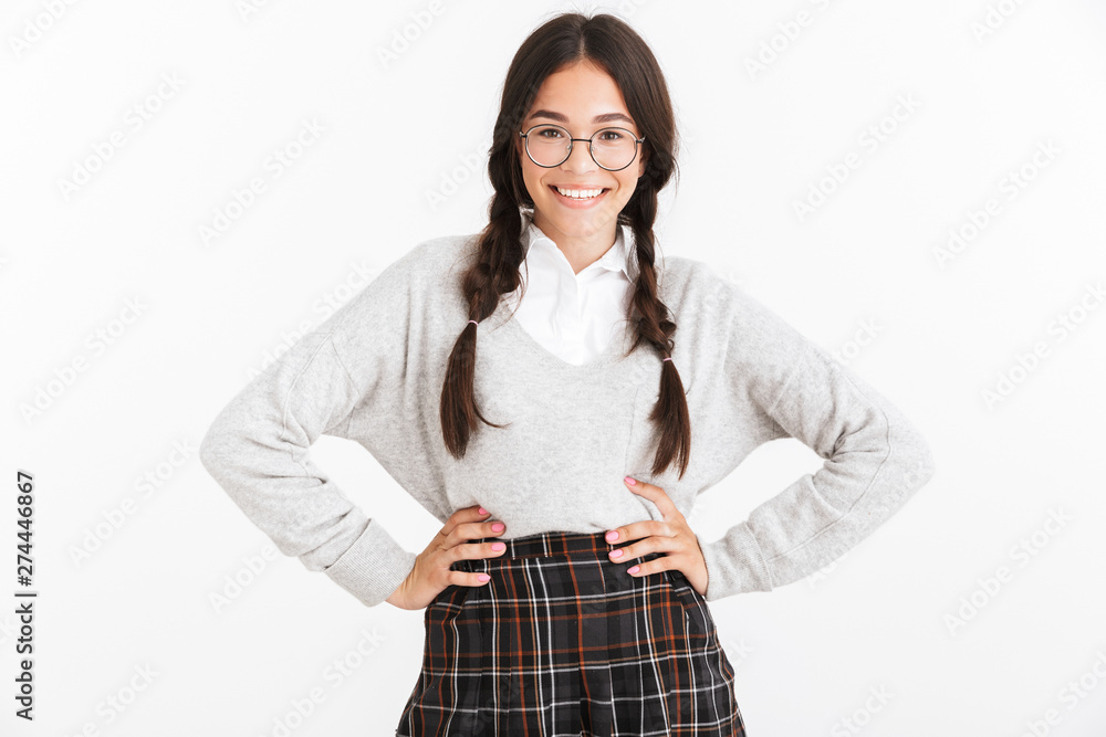 Sticker photo closeup of caucasian teenage girl wearing eyeglasses and school uniform smiling at camera