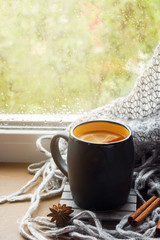 Cup hot tea with lemon on the windowsill Woolen plaid. Autumn still life. It's raining outside. Copy space