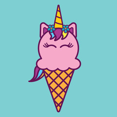 Kawaii Unicorn Ice Cream Cone Vector Illustration