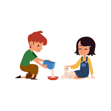 Kind kids feeding a stray white cat, cute cartoon boy and girl pour food into cat's bowl and pet it