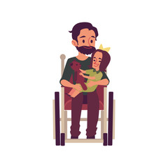 Disabled man in the wheelchair with a child the flat vector illustration isolated.