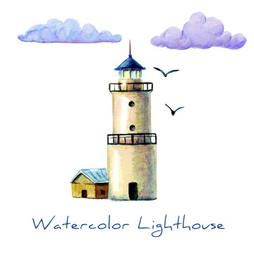 hand drawn watercolor lighthouse illustration. White lighthouse with gulls isolated. It's perfect for card, postcard, poster, banner